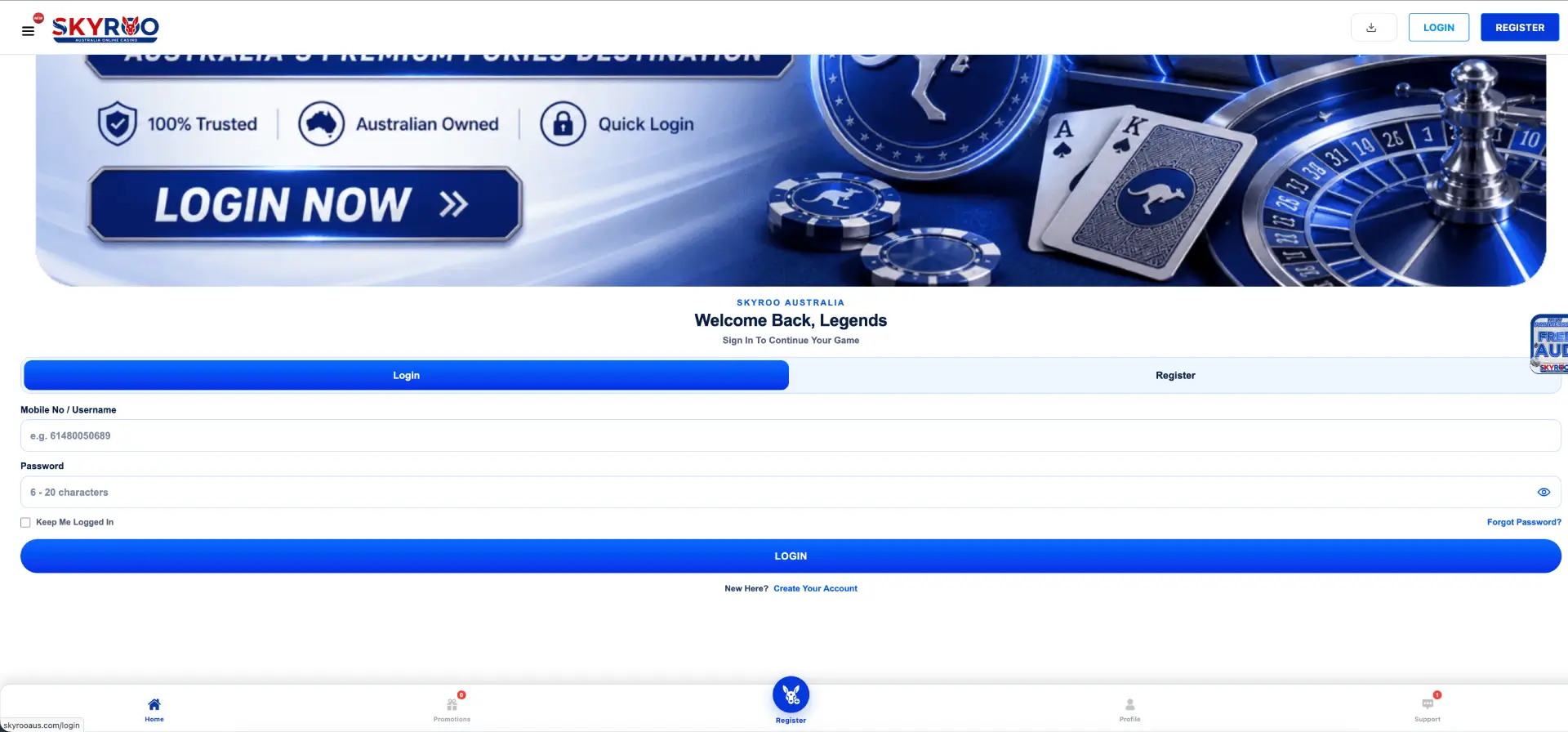 Skyroo Casino mobile access and login