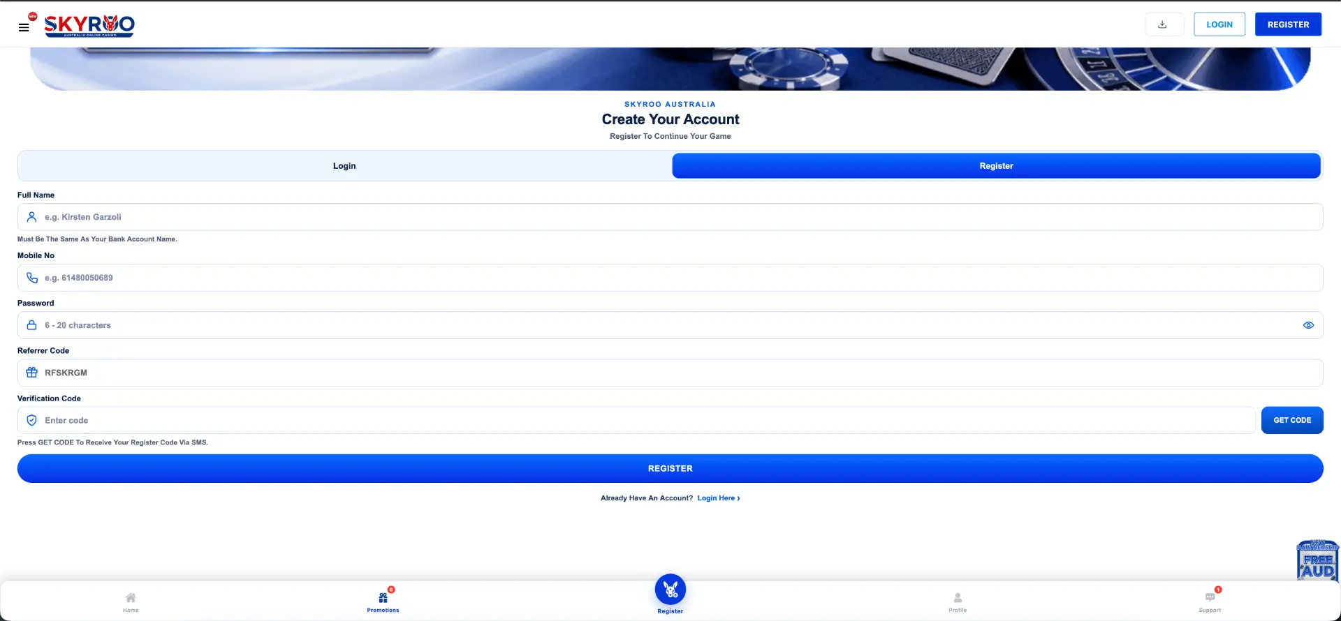 Skyroo Casino registration